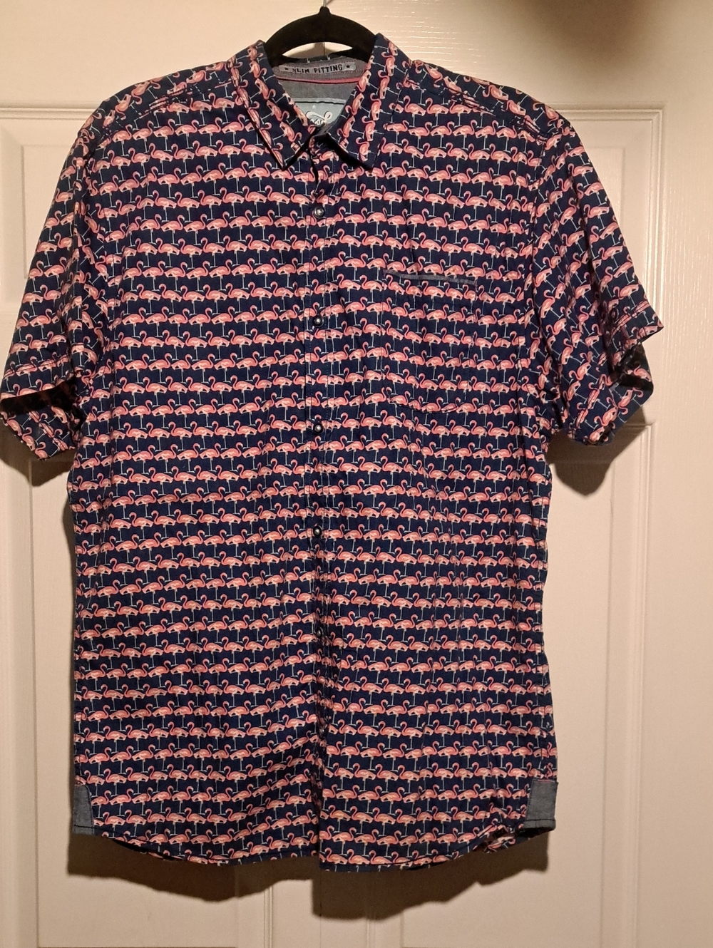 🦩Good Vibes-Mens Short-Sleeve Flamingo Print Shirt Navy & Pink